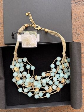 NWT Gardenia Handmade Gold-Tone Multi-Strand Necklace with Aqua Beads